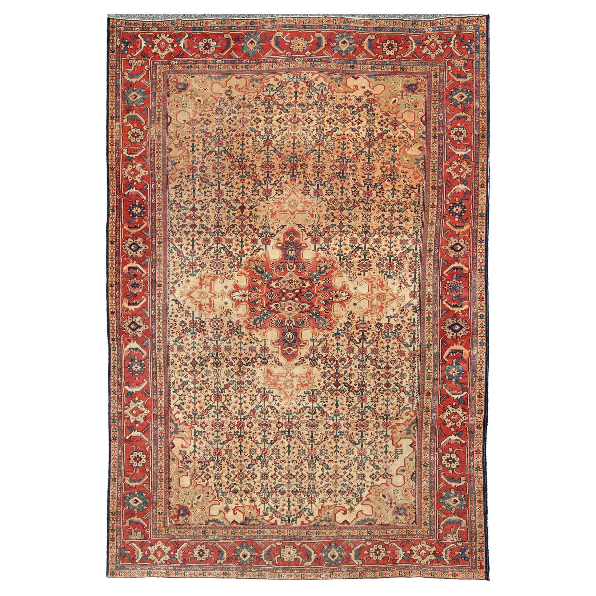 Antique Persian Sultanabad Rug in Herati Design with Ivory, Red and Green