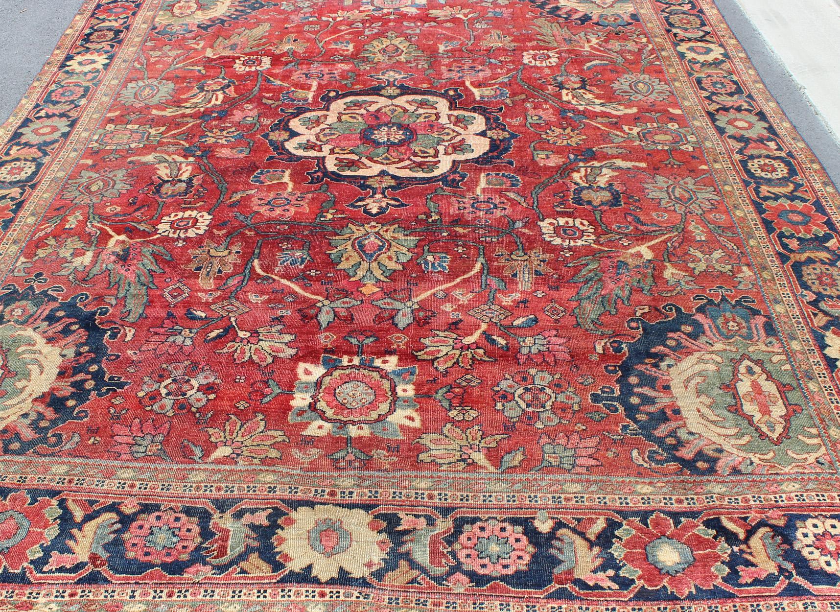 Antique Persian Sultanabad Rug in Red, Blue, Green and Large Scale Florals  For Sale 6