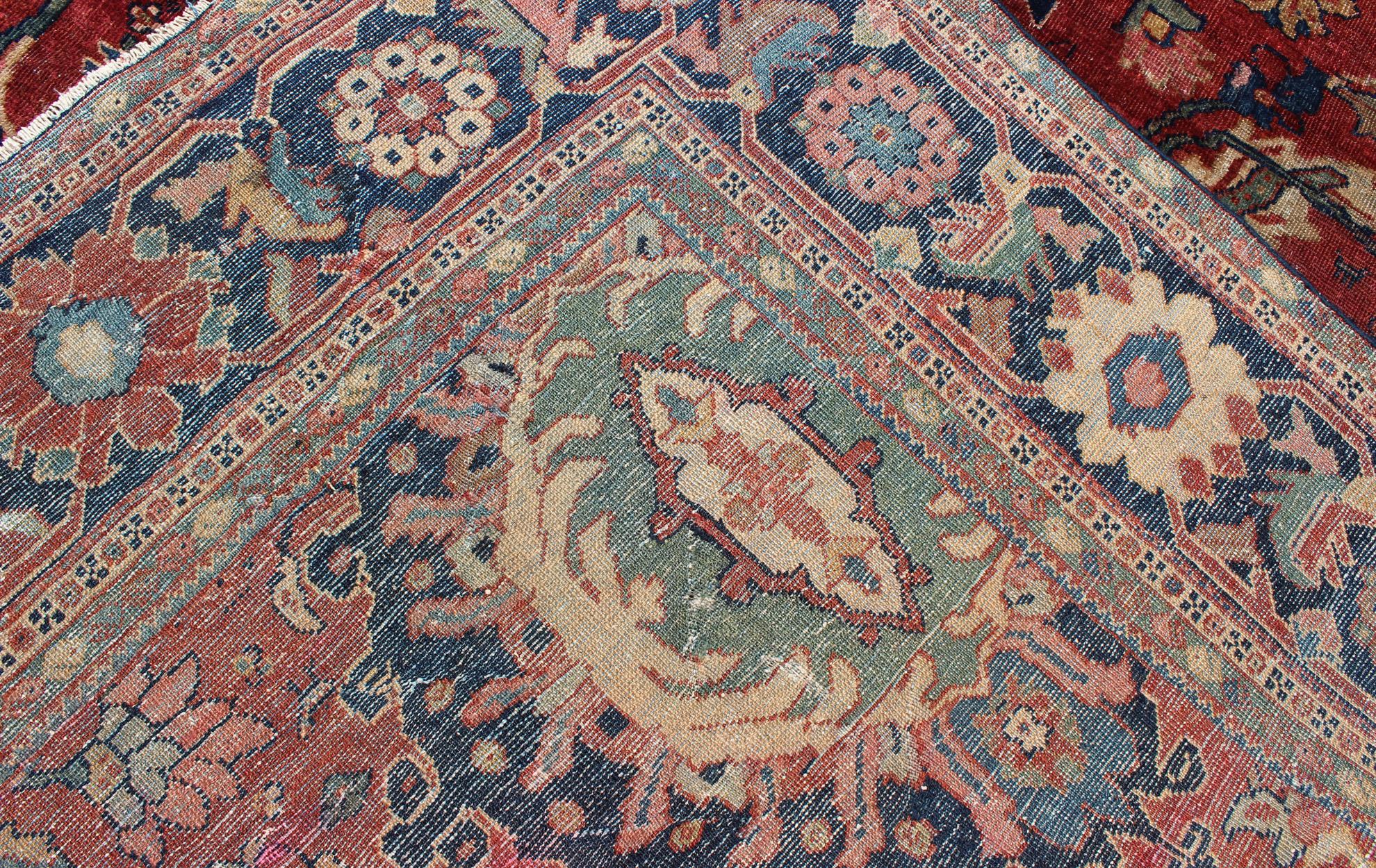 Antique Persian Sultanabad Rug in Red, Blue, Green and Large Scale Florals  For Sale 7