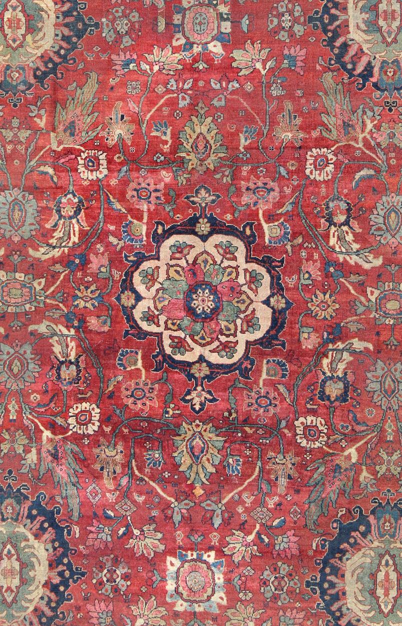 Hand-Knotted Antique Persian Sultanabad Rug in Red, Blue, Green and Large Scale Florals  For Sale