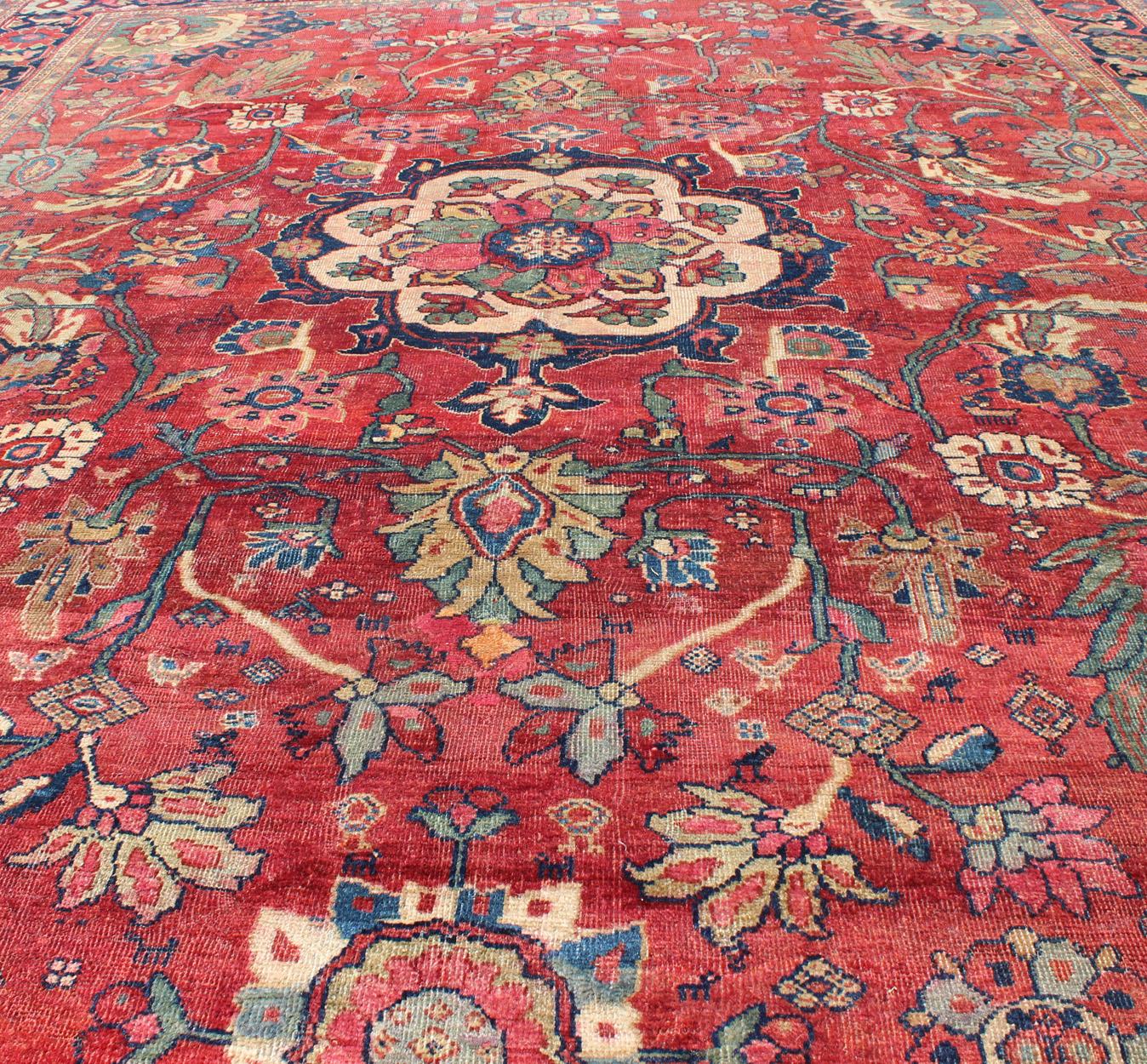 Wool Antique Persian Sultanabad Rug in Red, Blue, Green and Large Scale Florals  For Sale