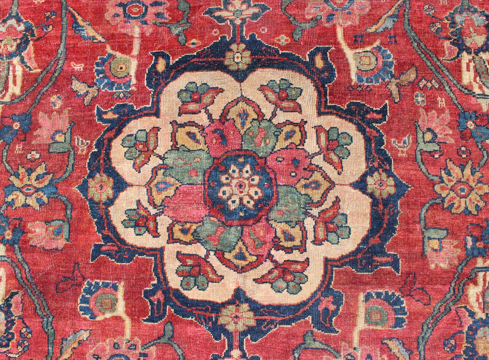 Antique Persian Sultanabad Rug in Red, Blue, Green and Large Scale Florals  For Sale 1