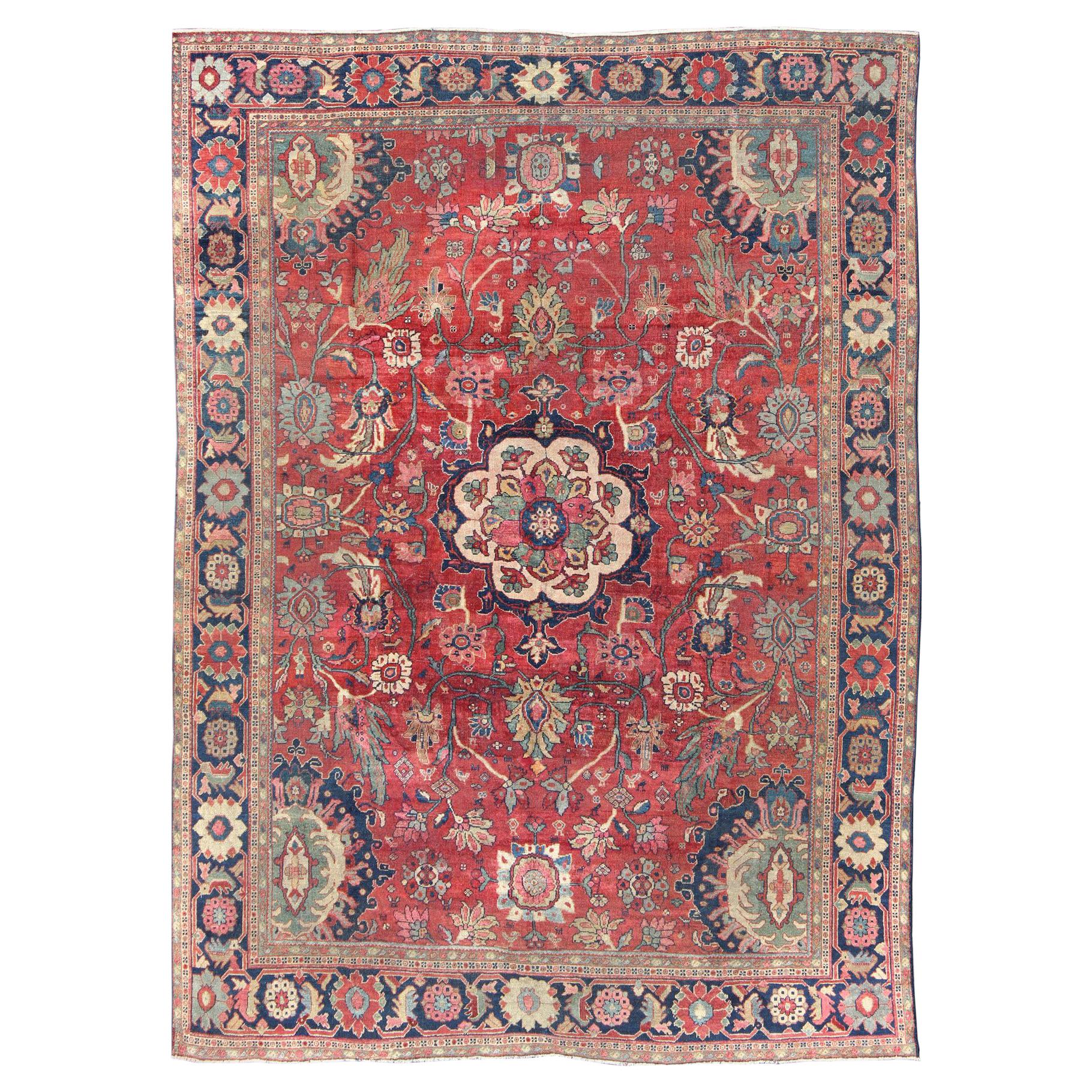 Antique Persian Sultanabad Rug in Red, Blue, Green and Large Scale Florals  For Sale