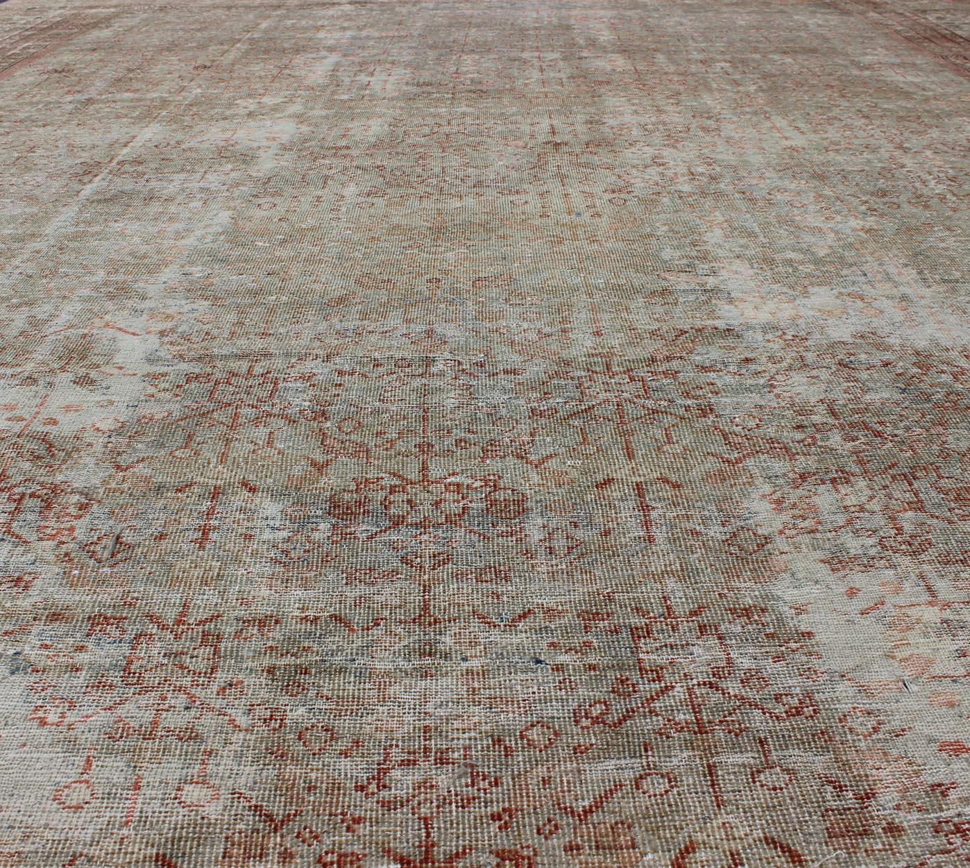 Antique Persian Distressed Sultanabad Rug with Subdued All-Over Design in Green 4