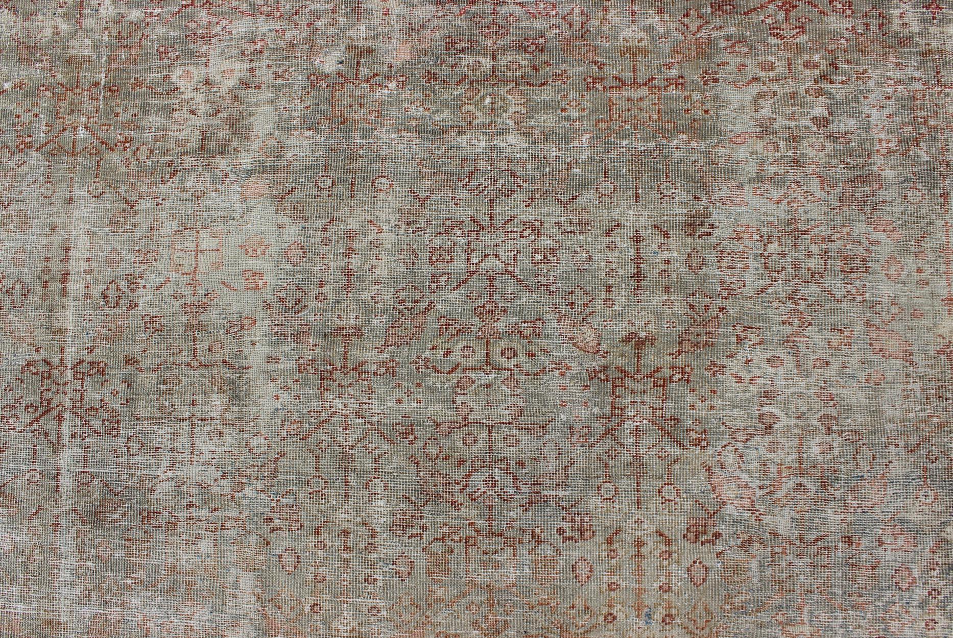 Antique Persian Distressed Sultanabad Rug with Subdued All-Over Design in Green 5