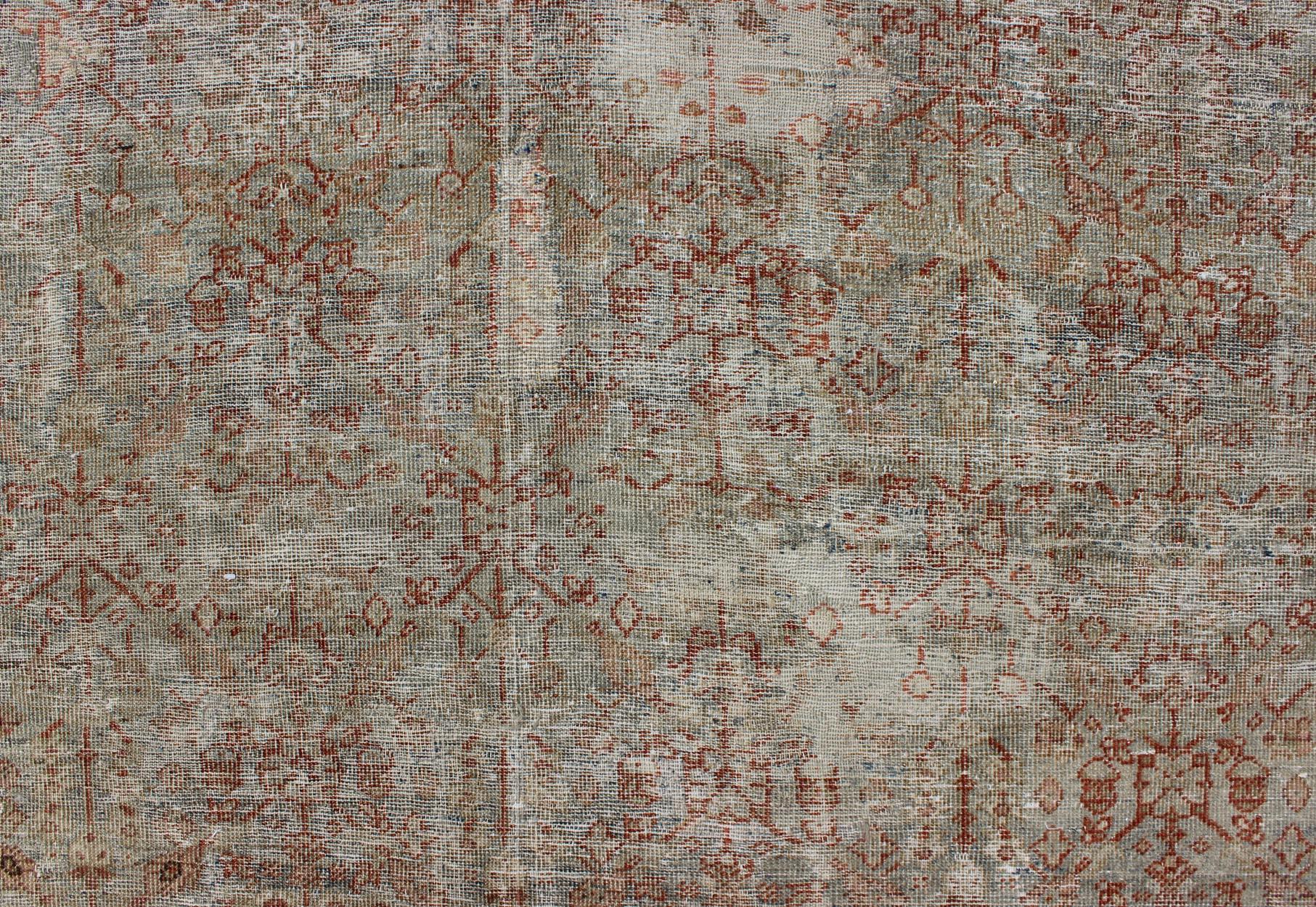 Antique Persian Distressed Sultanabad Rug with Subdued All-Over Design in Green 6