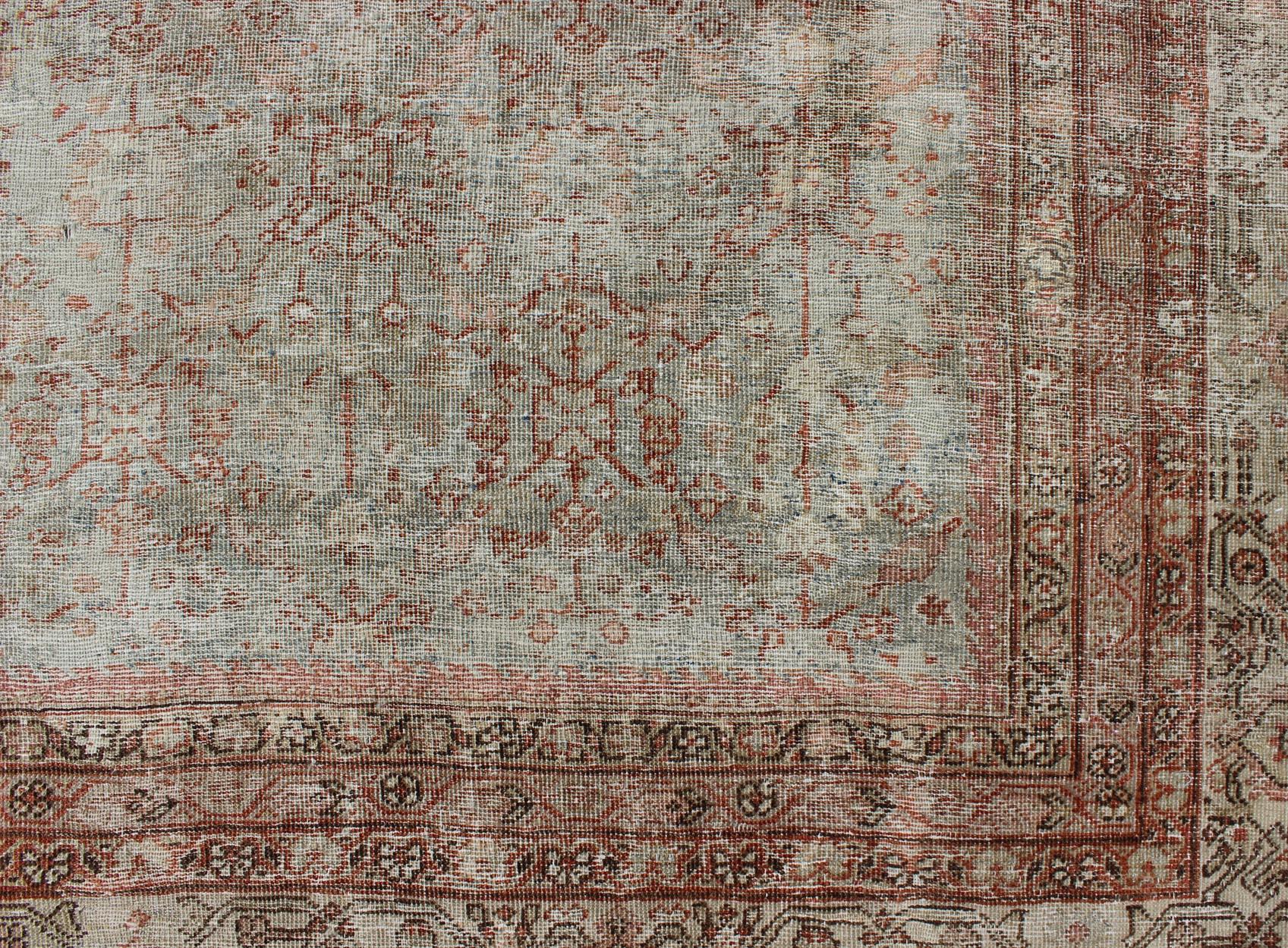 Antique Persian Distressed Sultanabad Rug with Subdued All-Over Design in Green 7