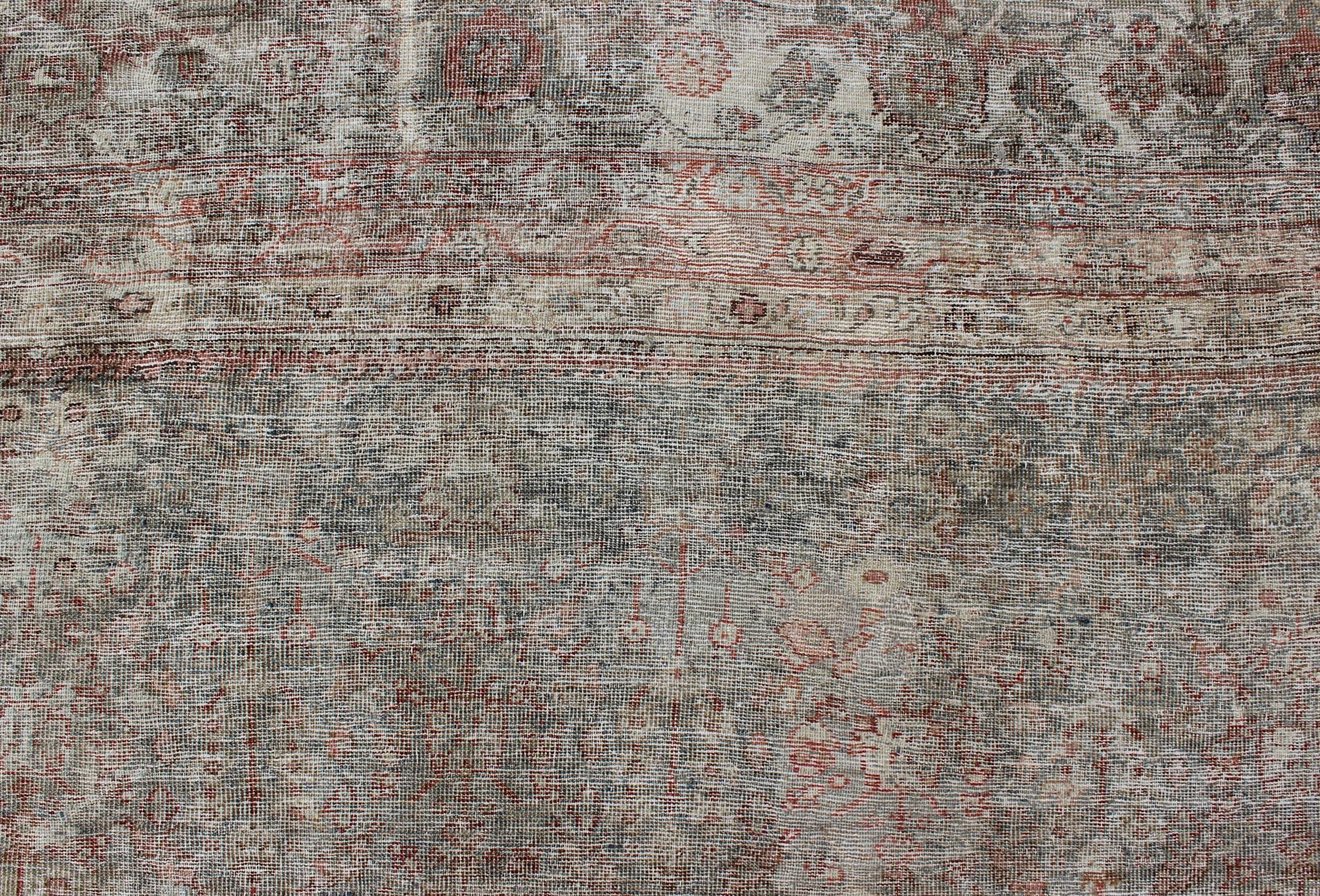 Antique Persian Distressed Sultanabad Rug with Subdued All-Over Design in Green 9