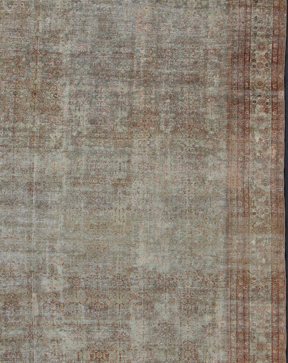 Hand-Knotted Antique Persian Distressed Sultanabad Rug with Subdued All-Over Design in Green