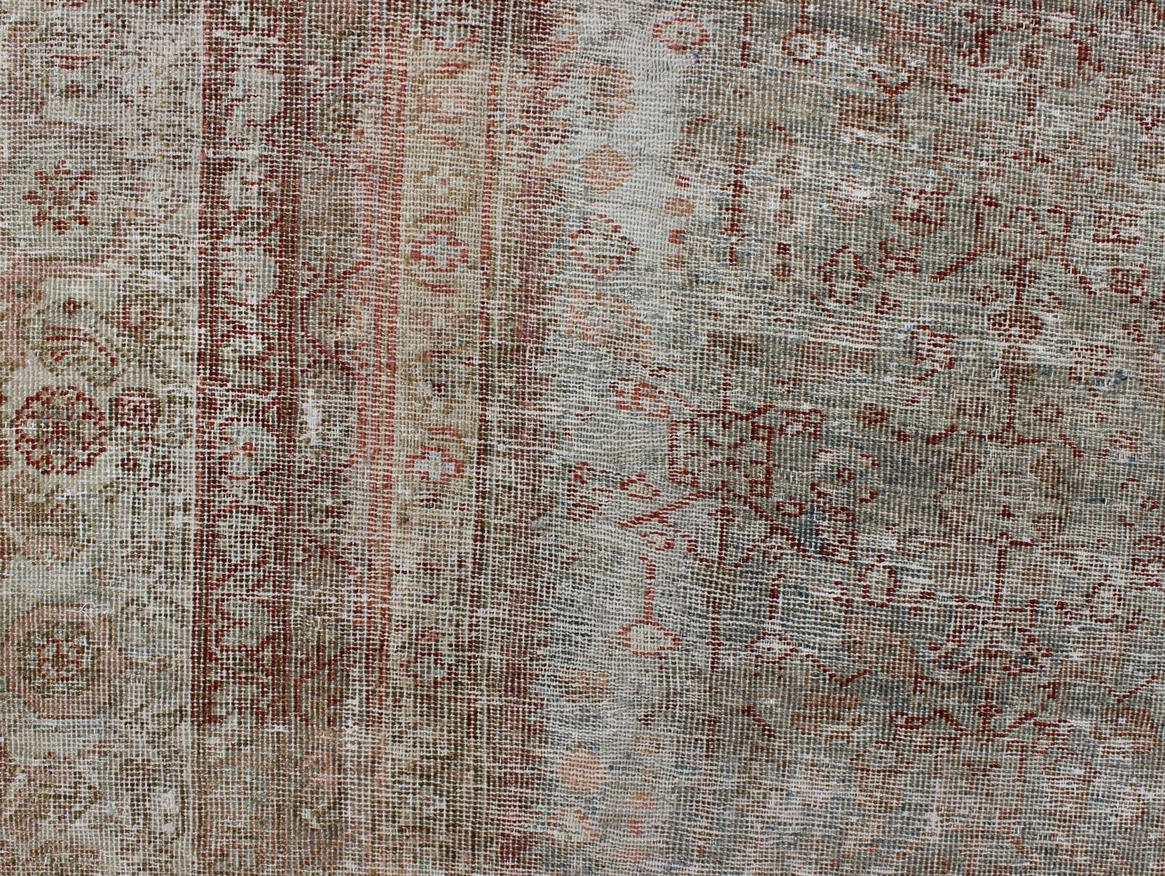 Wool Antique Persian Distressed Sultanabad Rug with Subdued All-Over Design in Green