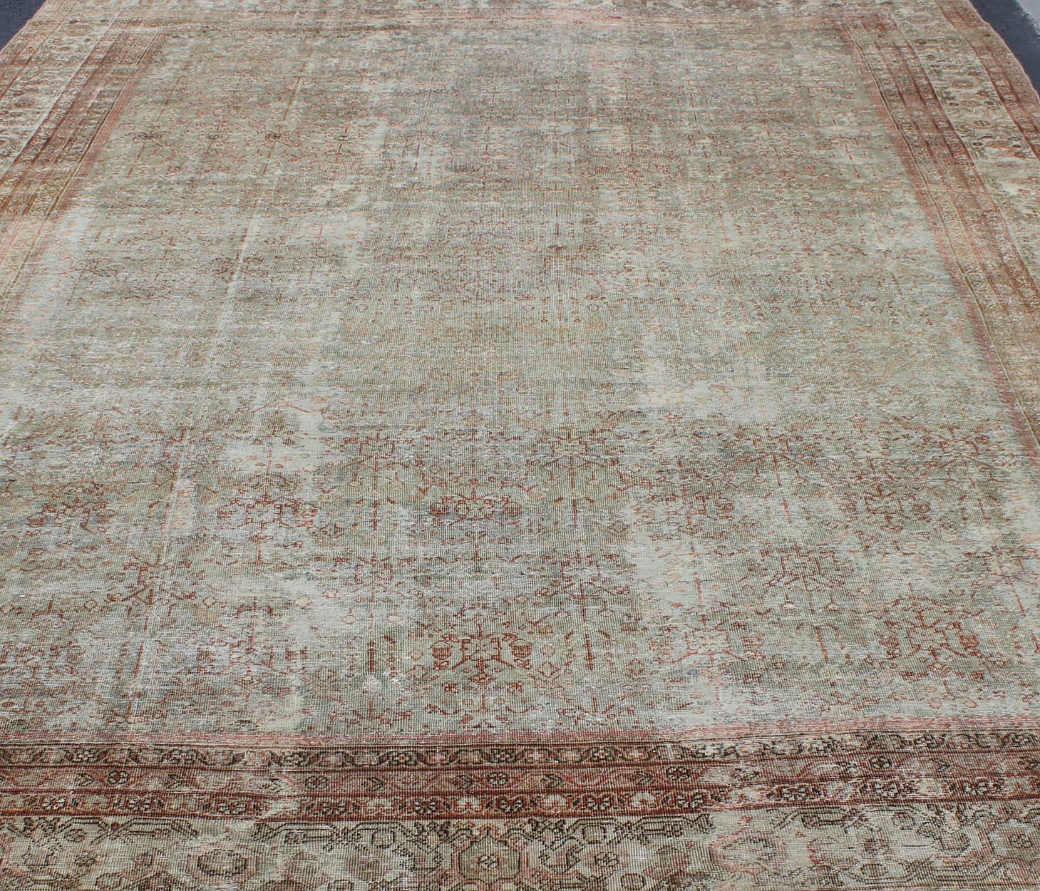 Antique Persian Distressed Sultanabad Rug with Subdued All-Over Design in Green 3