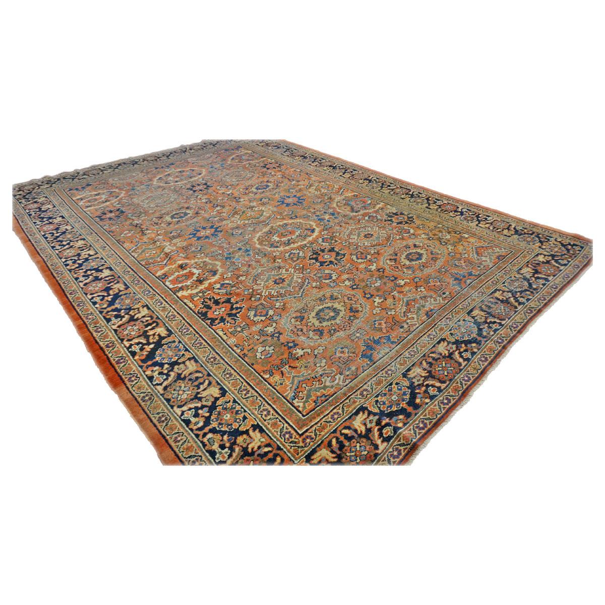 Antiker Afghane Sultanabad Masters Wolle 8 x 12 Marine, Orange, Rot & Elfenbein Handgemacht (Persisch) im Angebot