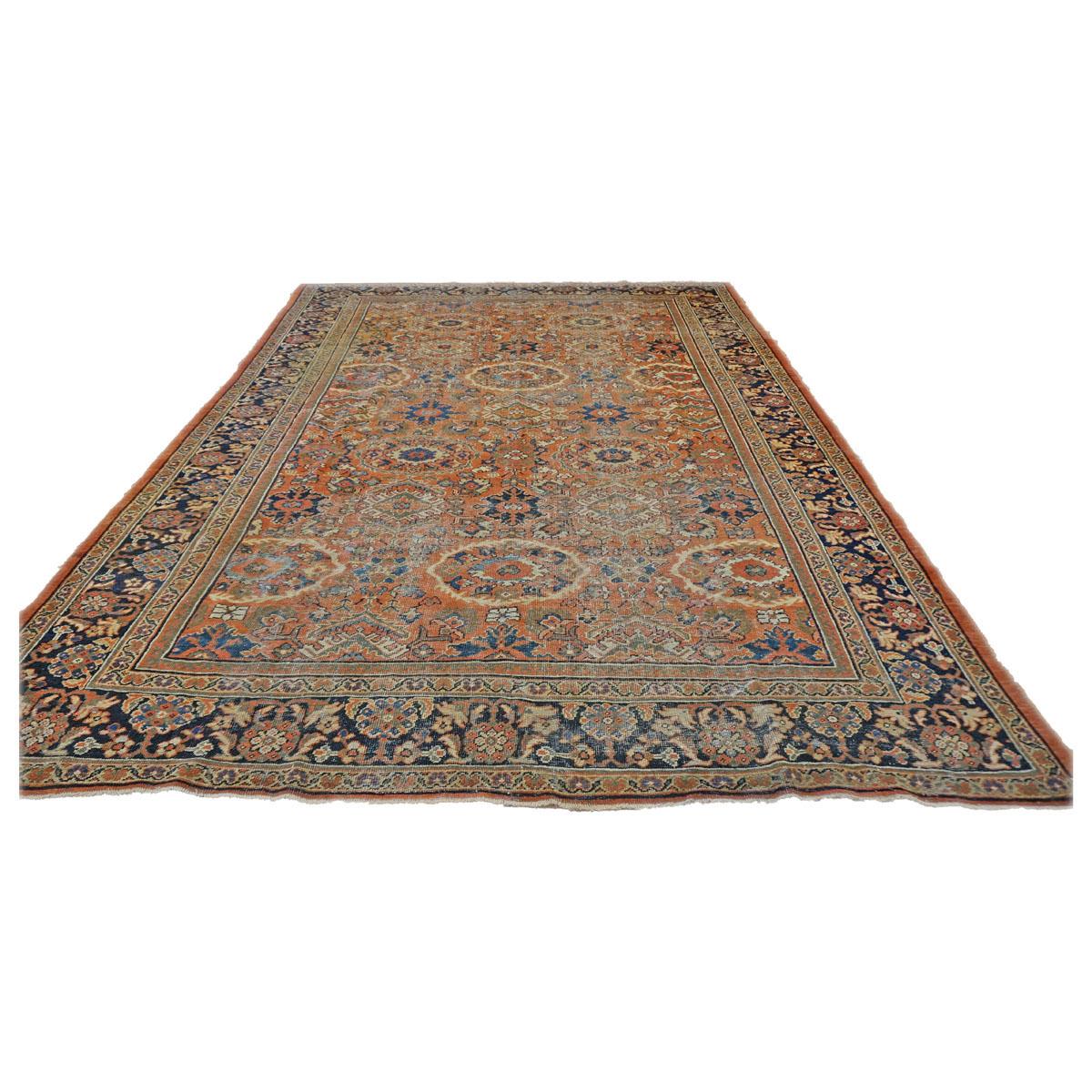 Antiker Afghane Sultanabad Masters Wolle 8 x 12 Marine, Orange, Rot & Elfenbein Handgemacht im Zustand „Starke Gebrauchsspuren“ im Angebot in Houston, TX