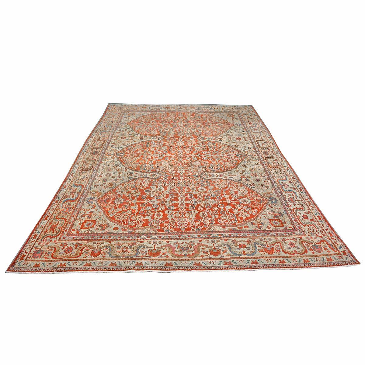 Persiano Antico tappeto persiano Sultanabad Rugs in lana 9 x 12 rosso, avorio e blu fatto a mano in vendita
