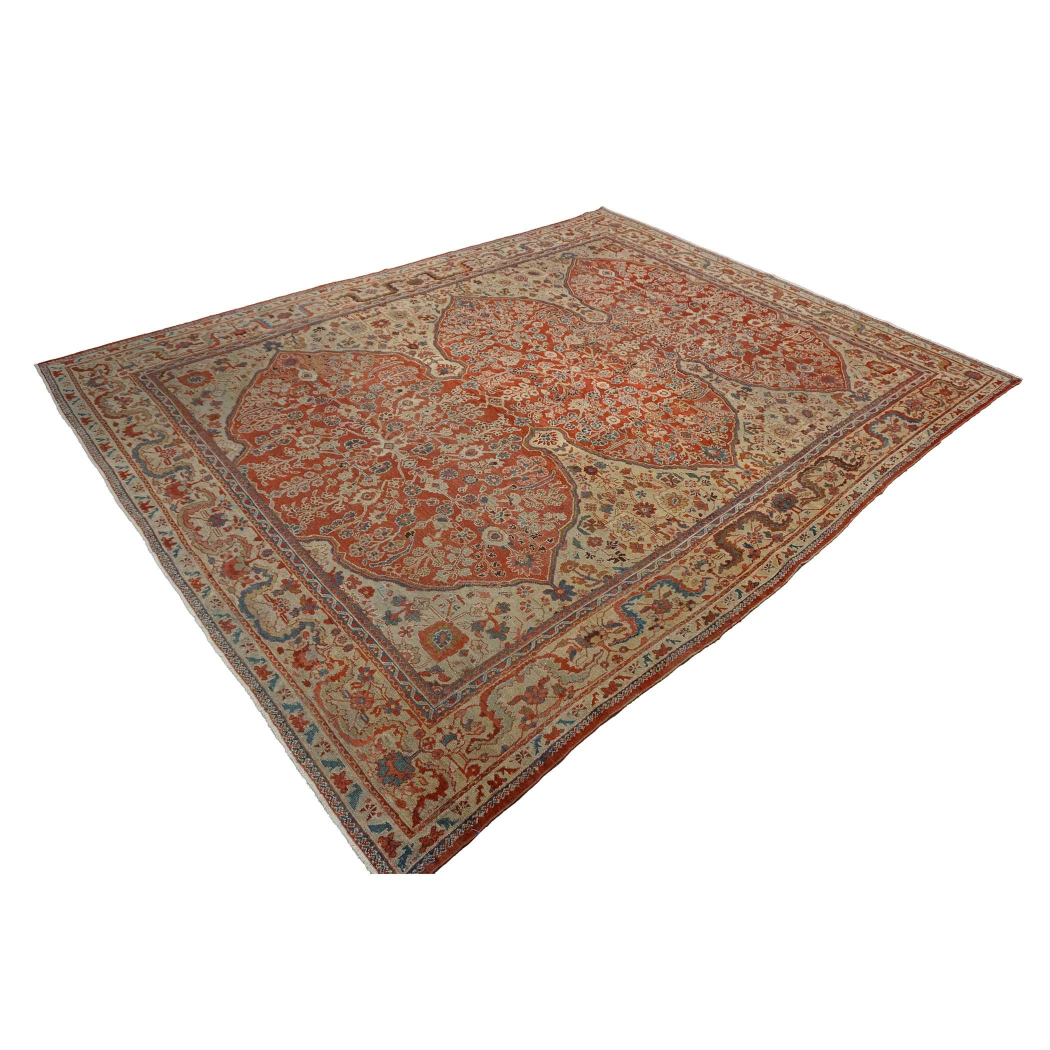 Persiano Antico tappeto persiano Sultanabad Rugs in lana 9 x 12 rosso, avorio e blu fatto a mano in vendita