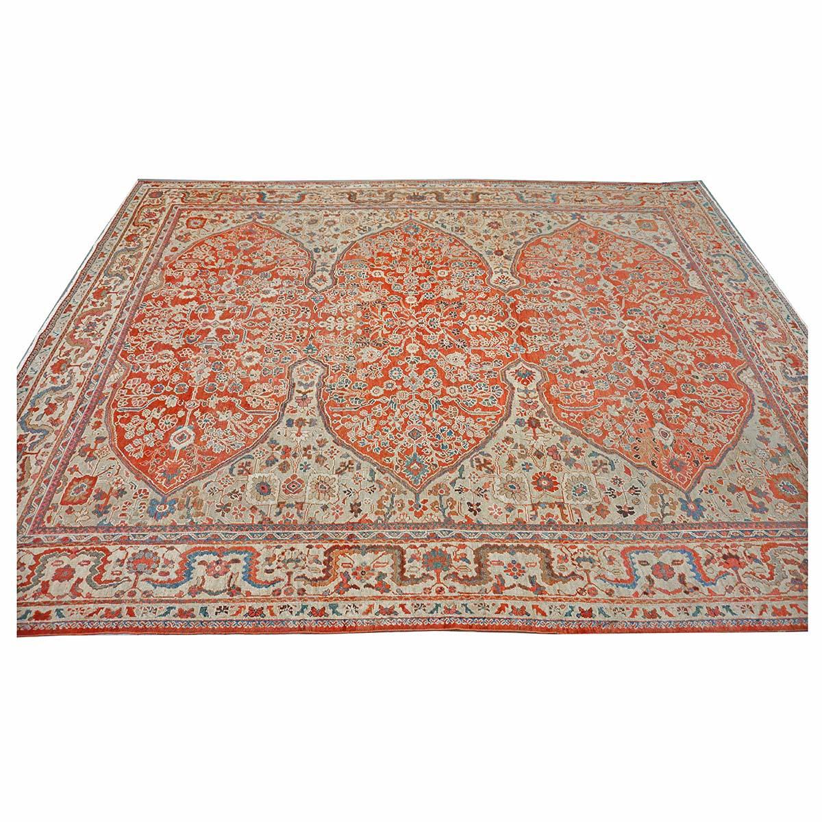 Antico tappeto persiano Sultanabad Rugs in lana 9 x 12 rosso, avorio e blu fatto a mano In condizioni discrete in vendita a Houston, TX