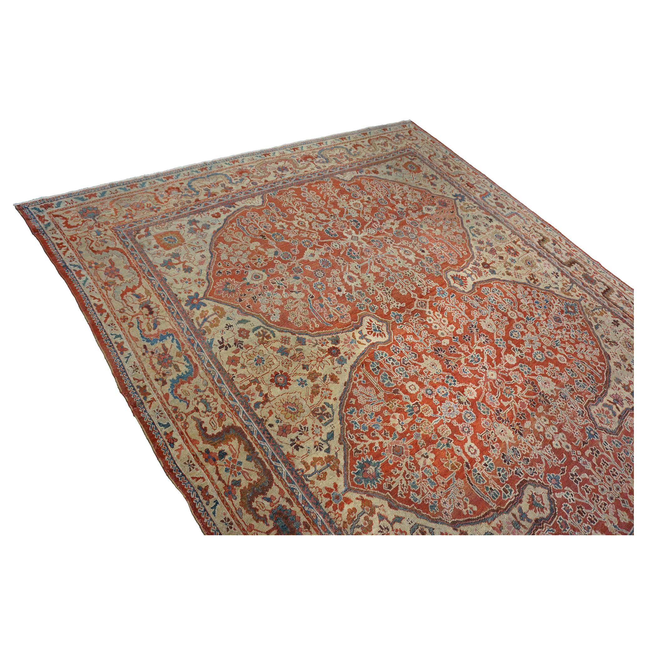 Antico tappeto persiano Sultanabad Rugs in lana 9 x 12 rosso, avorio e blu fatto a mano In condizioni discrete in vendita a Houston, TX
