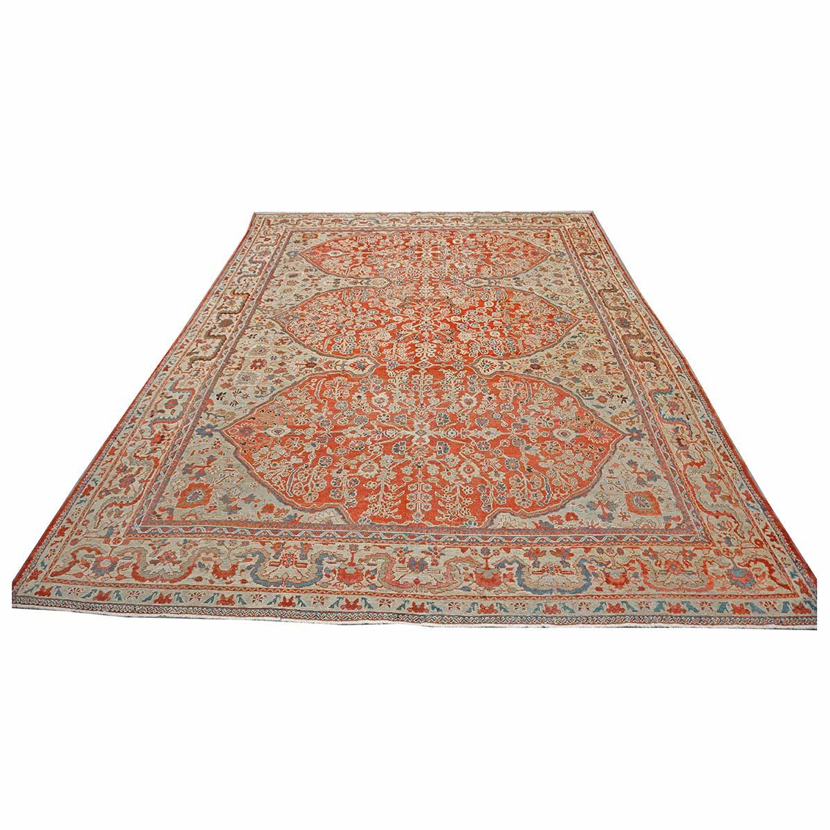 Inizio XX secolo Antico tappeto persiano Sultanabad Rugs in lana 9 x 12 rosso, avorio e blu fatto a mano in vendita