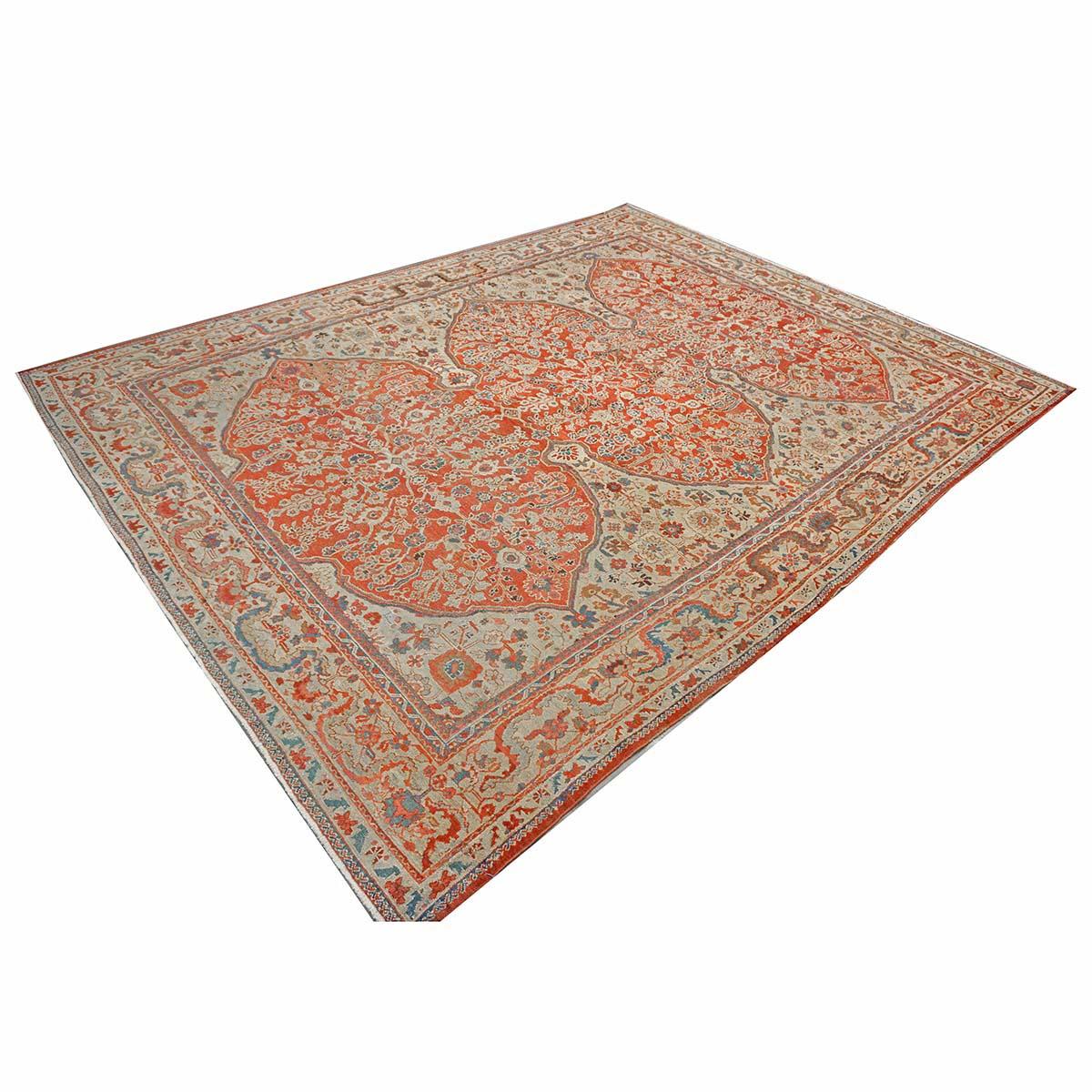 Lana Antico tappeto persiano Sultanabad Rugs in lana 9 x 12 rosso, avorio e blu fatto a mano in vendita