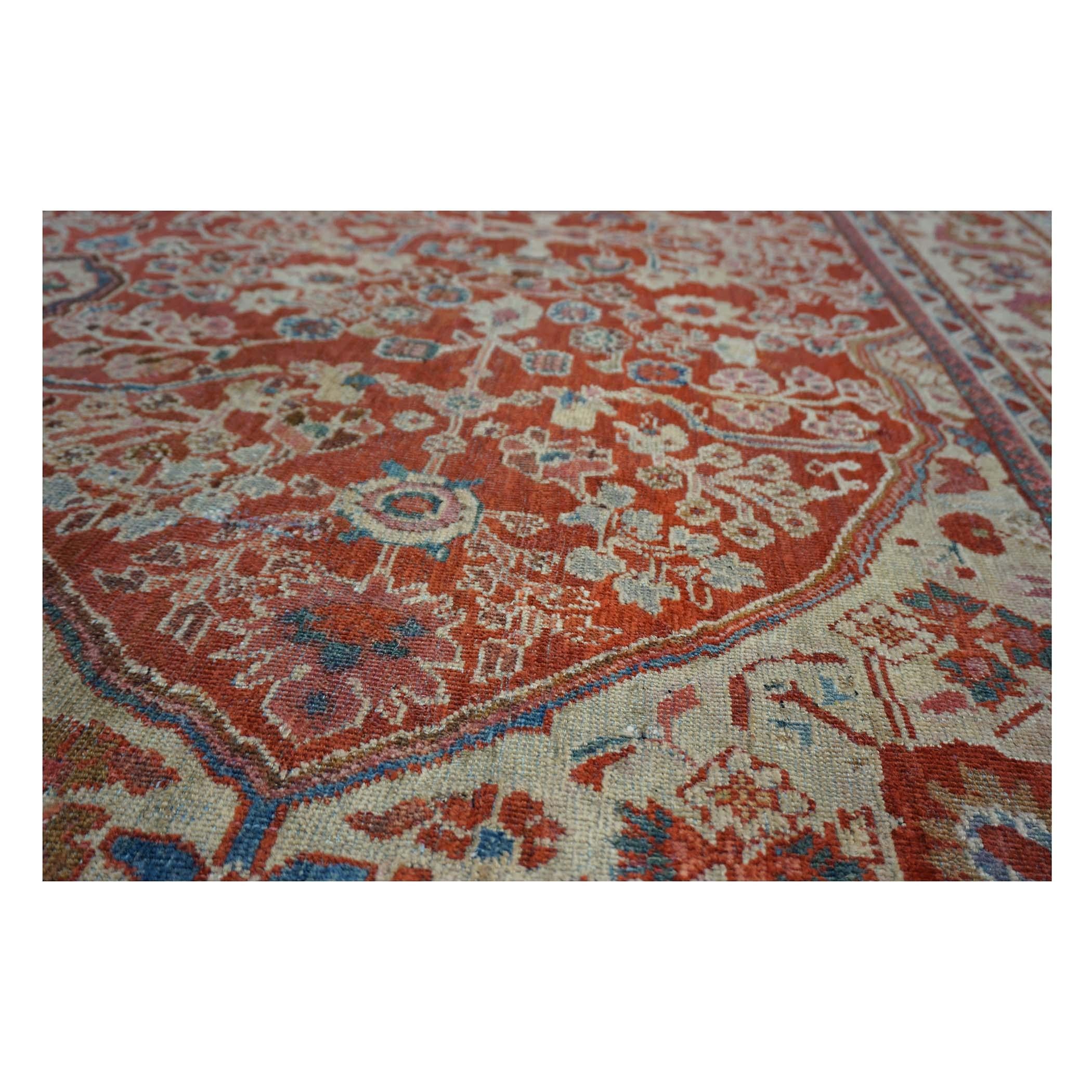 Lana Antico tappeto persiano Sultanabad Rugs in lana 9 x 12 rosso, avorio e blu fatto a mano in vendita