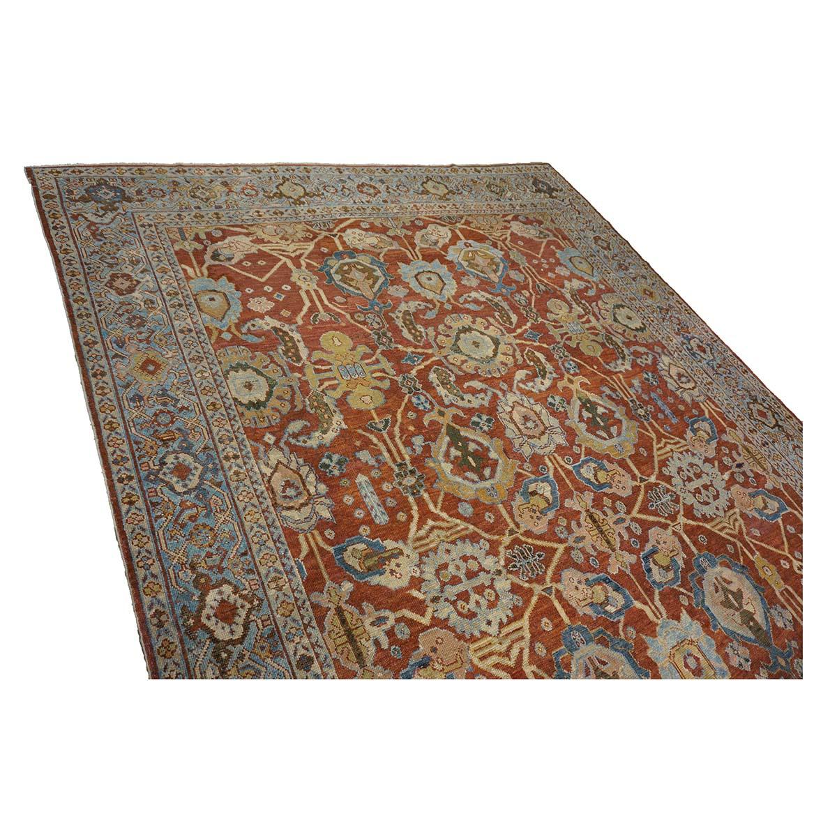 Antico tappeto persiano Sultanabad Rugs in lana 9 x 12 ruggine, marina e avorio fatto a mano In condizioni discrete in vendita a Houston, TX