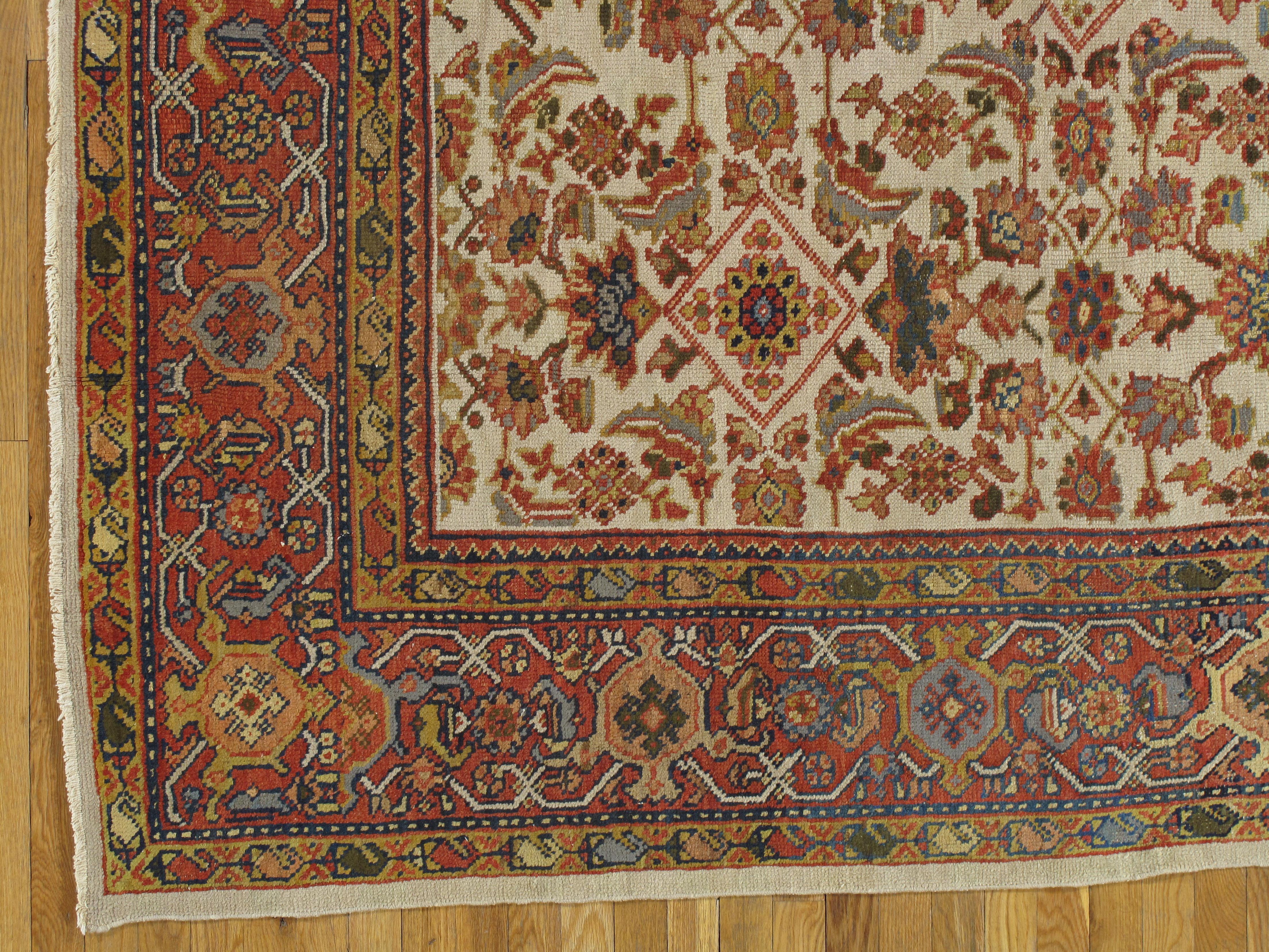 Hand-Knotted Antique Persian Sultanabad, Wool Handmade Beige, Gold, Navy and Red Oriental Rug For Sale