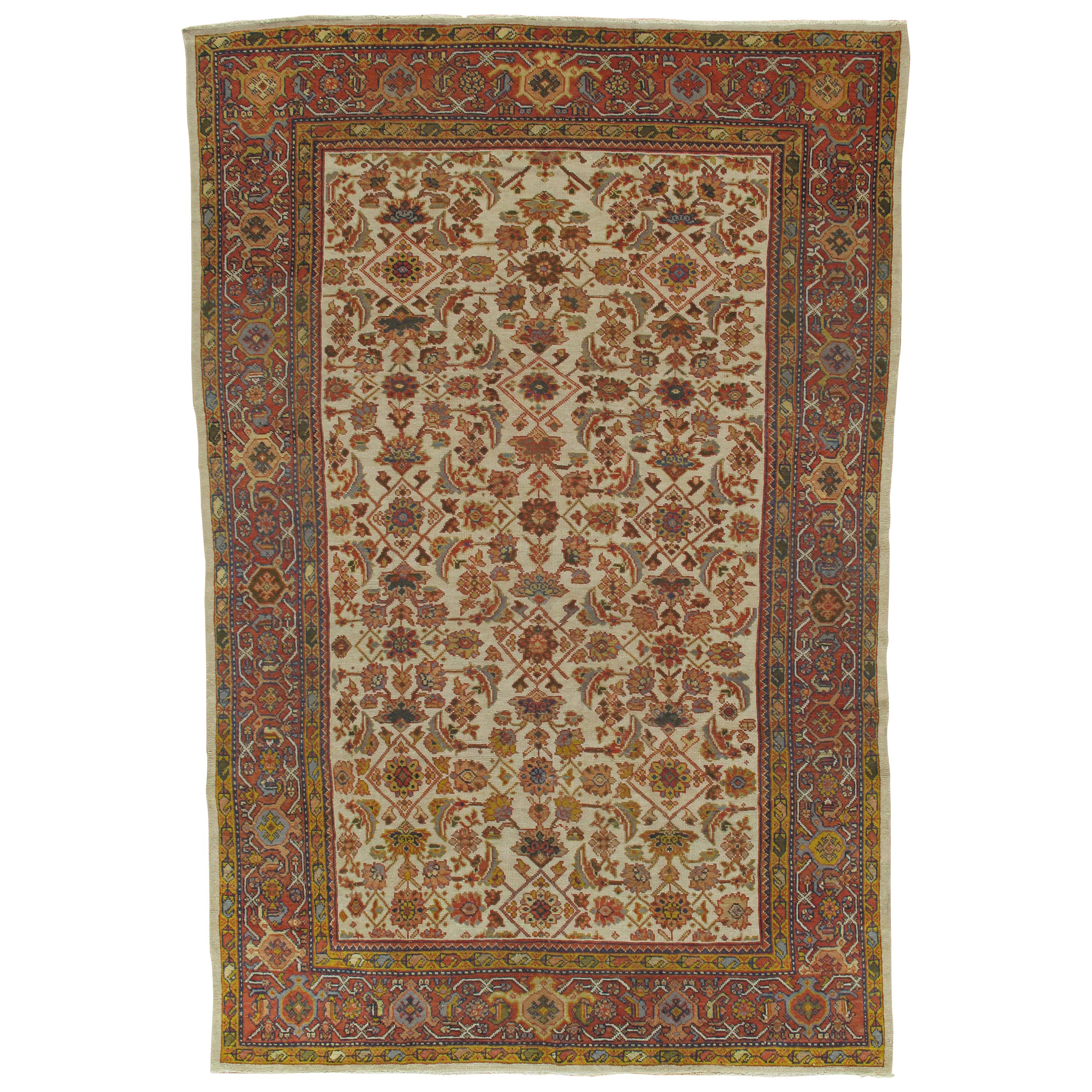 Antique Persian Sultanabad, Wool Handmade Beige, Gold, Navy and Red Oriental Rug For Sale