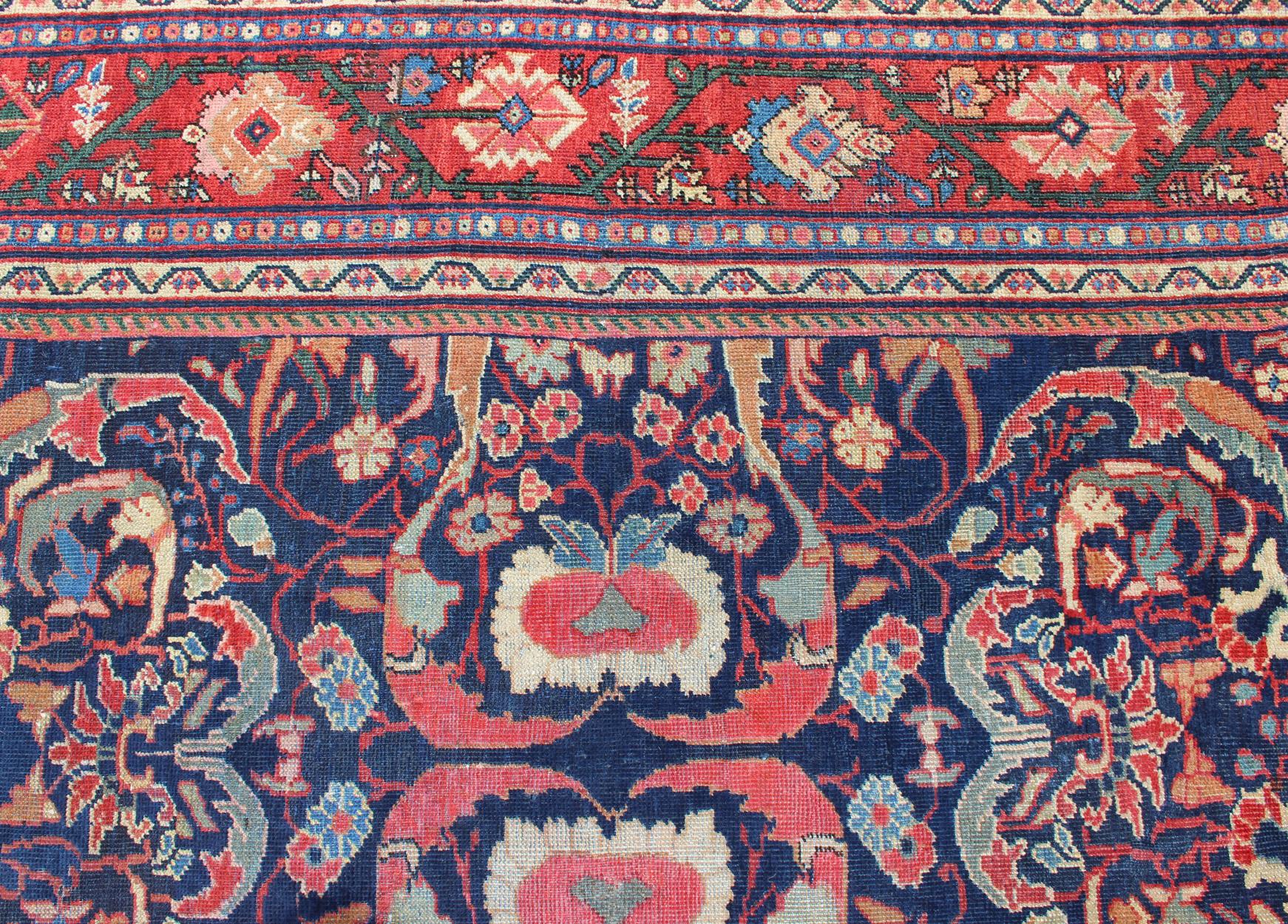 Colorful Antique Persian Sultanabad Rug with Navy Blue Field and Red Border For Sale 3