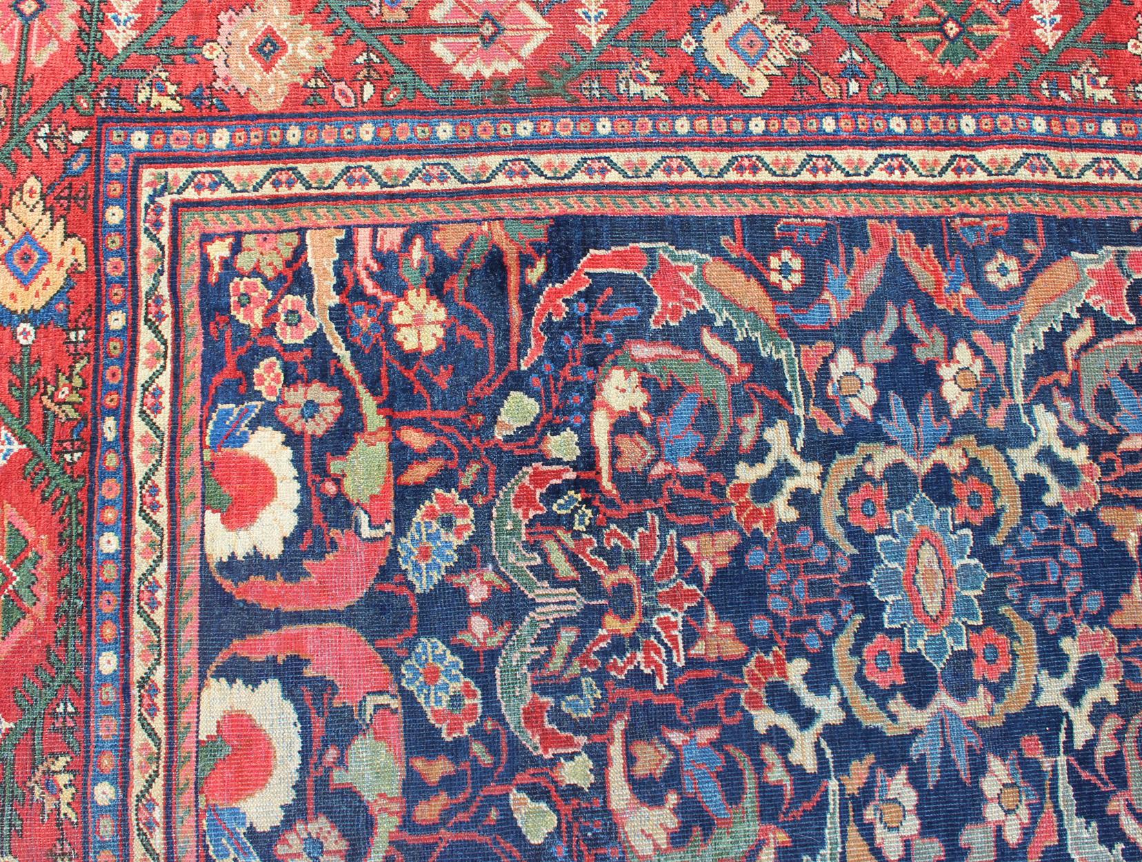 Colorful Antique Persian Sultanabad Rug with Navy Blue Field and Red Border For Sale 4