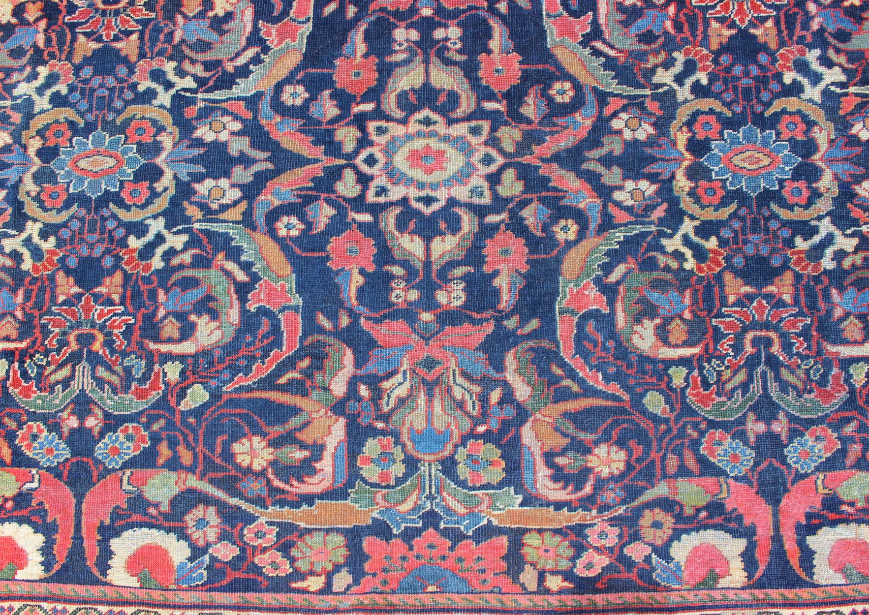Colorful Antique Persian Sultanabad Rug with Navy Blue Field and Red Border For Sale 5