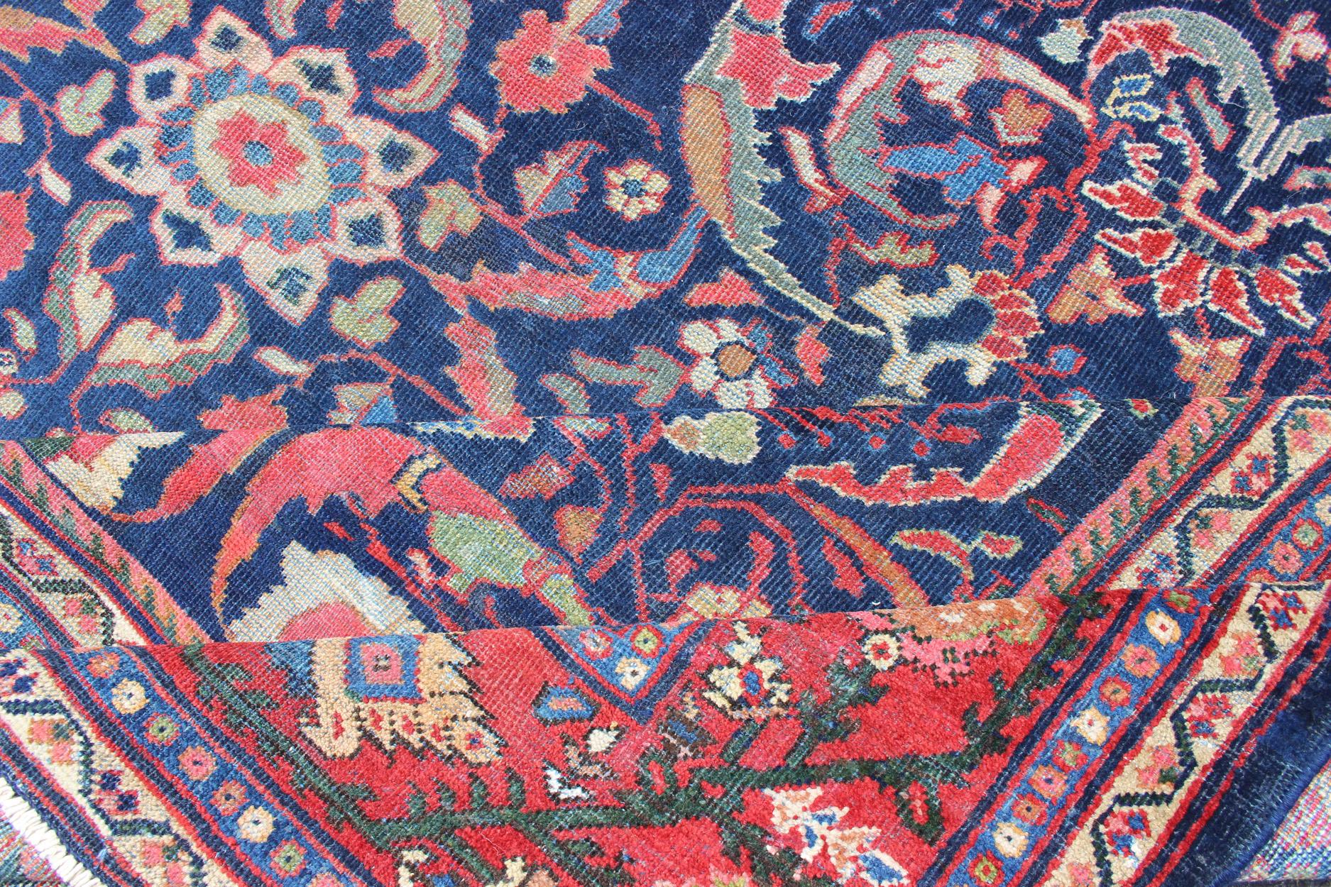Colorful Antique Persian Sultanabad Rug with Navy Blue Field and Red Border For Sale 6