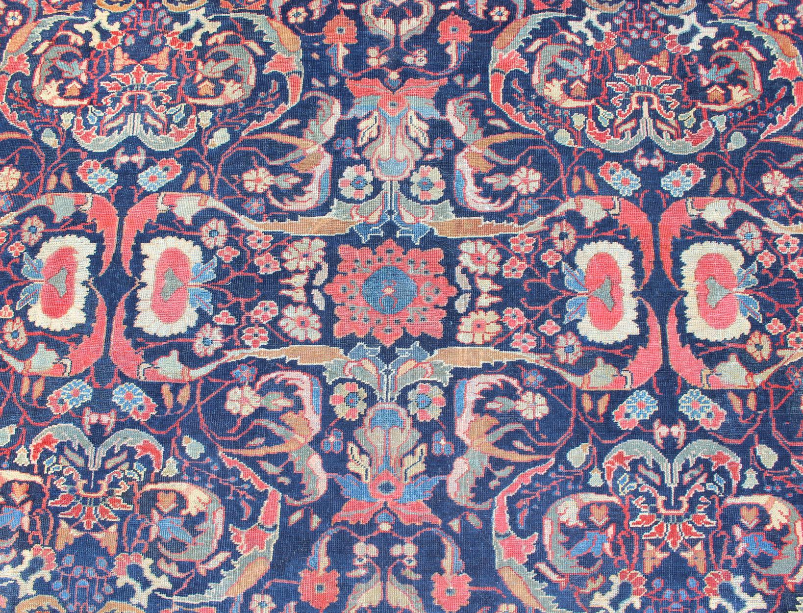 Colorful Antique Persian Sultanabad Rug with Navy Blue Field and Red Border For Sale 1