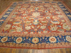 1880s Coral Red Blue Antique Persian Sultanabad Rug 12'6" x 14'0" Wool Carpet