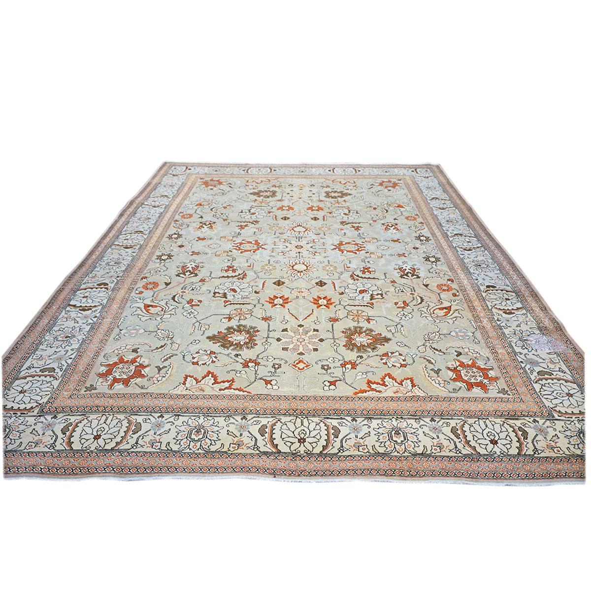 Hand-Woven Antique Persian Tabriz 10x13 Tan, Ivory & Rust Handmade Area Rug For Sale