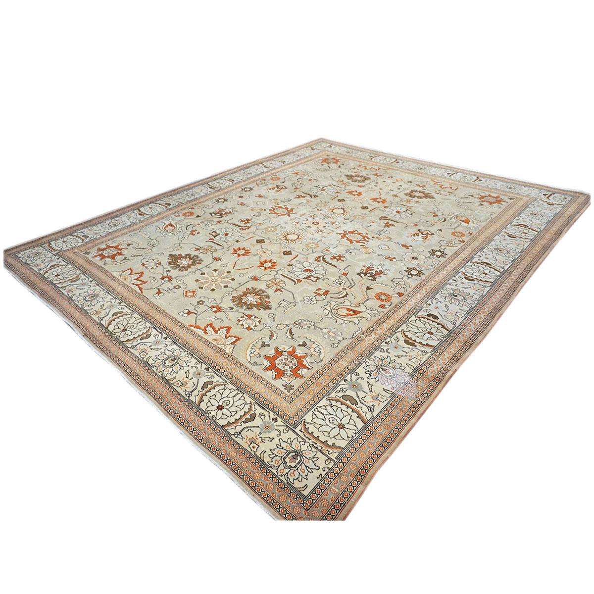 Tissé à la main Tapis persan ancien Tabriz 10x13 brun clair, ivoire et rouille fait à la main en vente