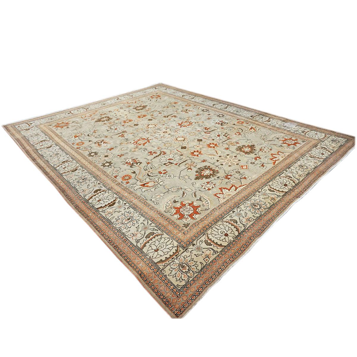 Early 20th Century Antique Persian Tabriz 10x13 Tan, Ivory & Rust Handmade Area Rug For Sale
