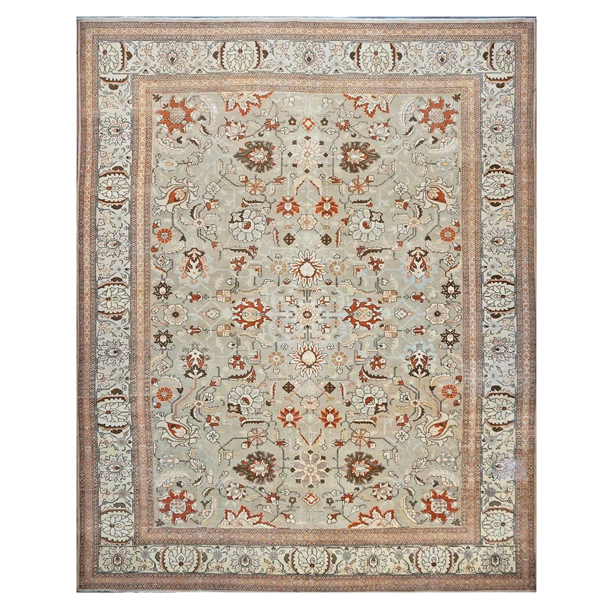 Tapis persan ancien Tabriz 10x13 brun clair, ivoire et rouille fait à la main en vente