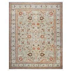 Tapis persan ancien Tabriz 10x13 brun clair, ivoire et rouille fait à la main