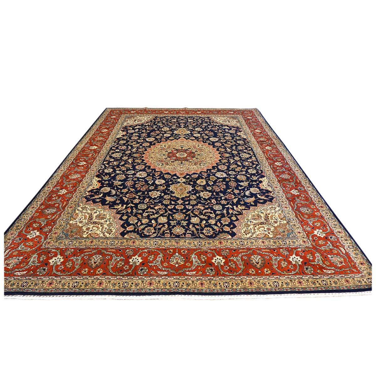 Wool Antique Persian Tabriz 10x13 Navy, Rust, & Ivory Handmade Area Rug For Sale