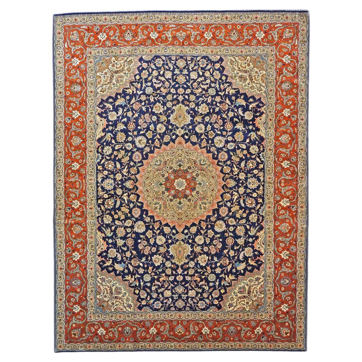 Tapis persan ancien Tabriz 10x13 bleu marine, rouille et ivoire fait à la main en vente