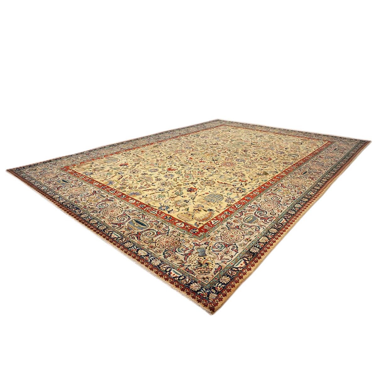 Persiano Tappeto antico persiano Tabriz 10x14 oro, grigio chiaro e rosso fatto a mano in vendita