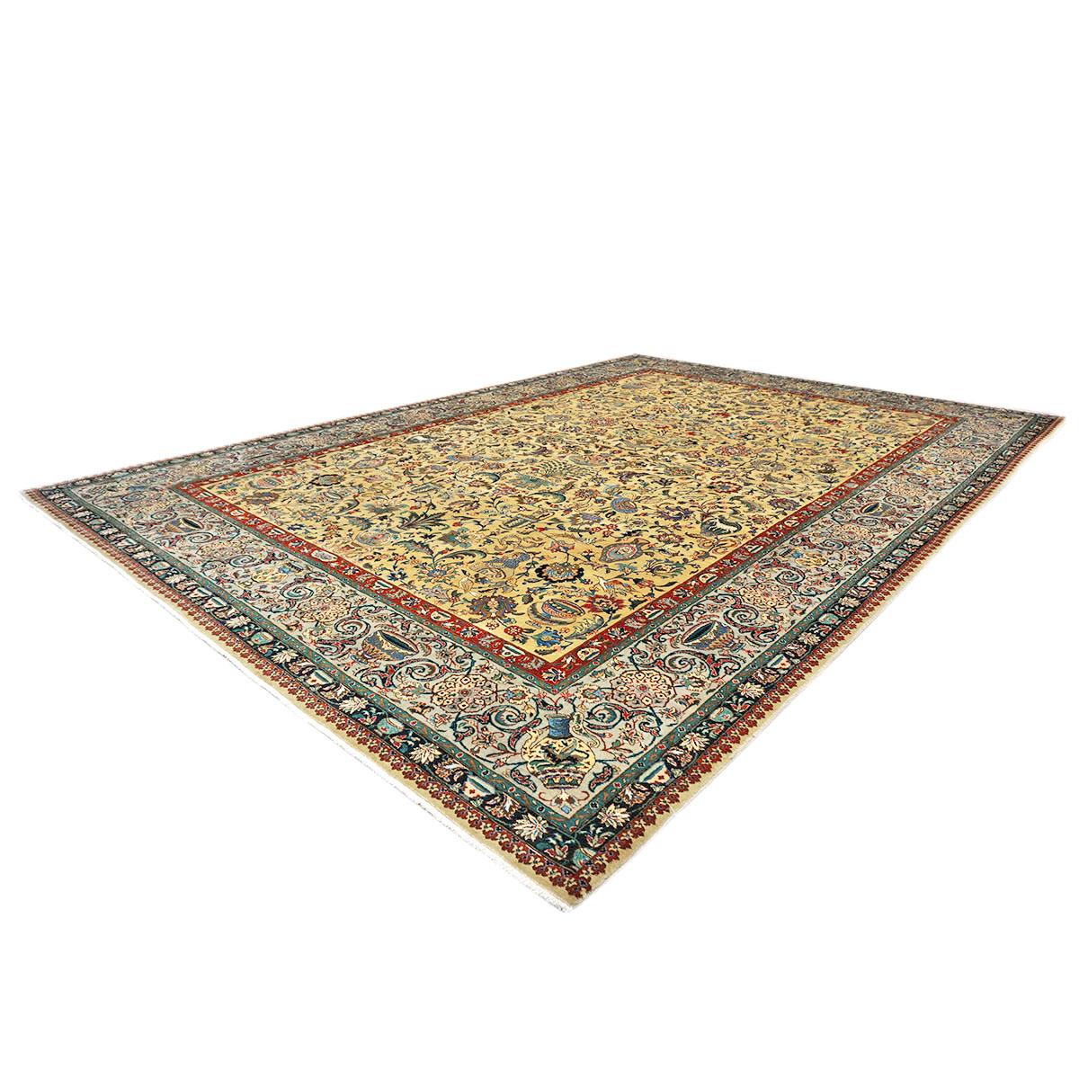 Mid-20th Century Antique Persian Tabriz 10x14 Gold, Light Taupe, & Red Handmade Area Rug For Sale