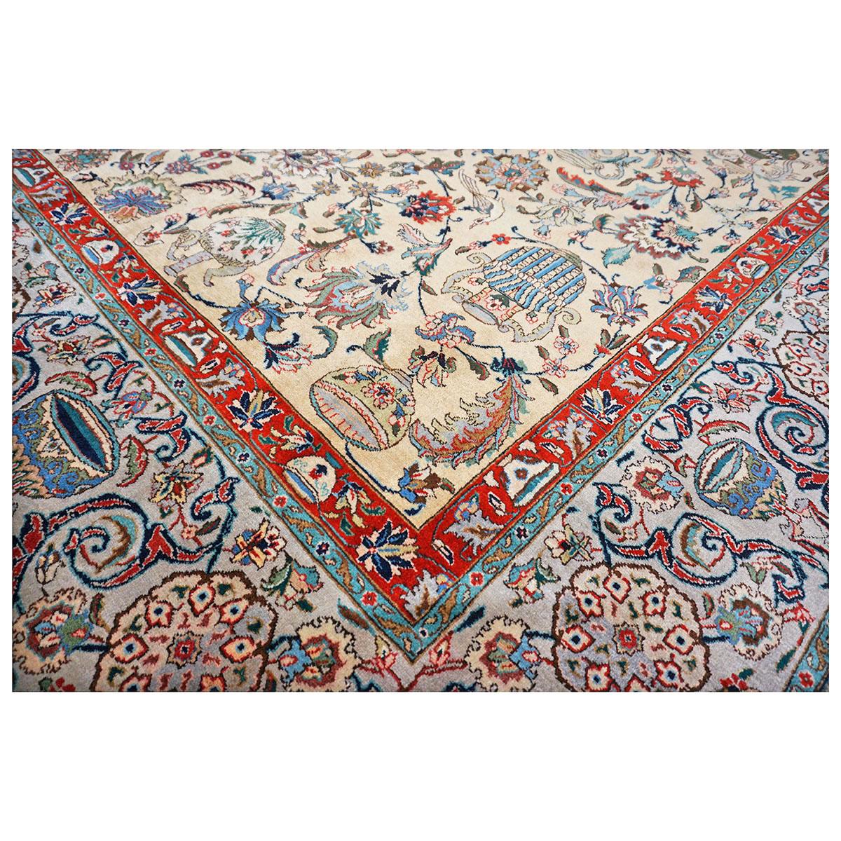 Lana Tappeto antico persiano Tabriz 10x14 oro, grigio chiaro e rosso fatto a mano in vendita