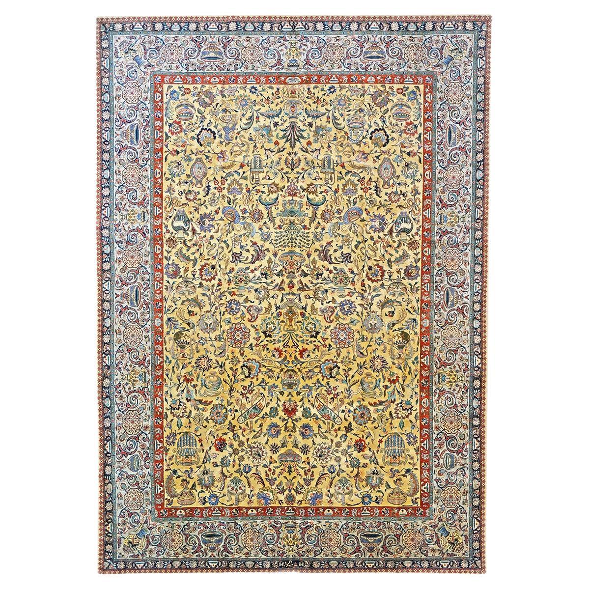 Antique Persian Tabriz 10x14 Gold, Light Taupe, & Red Handmade Area Rug For Sale