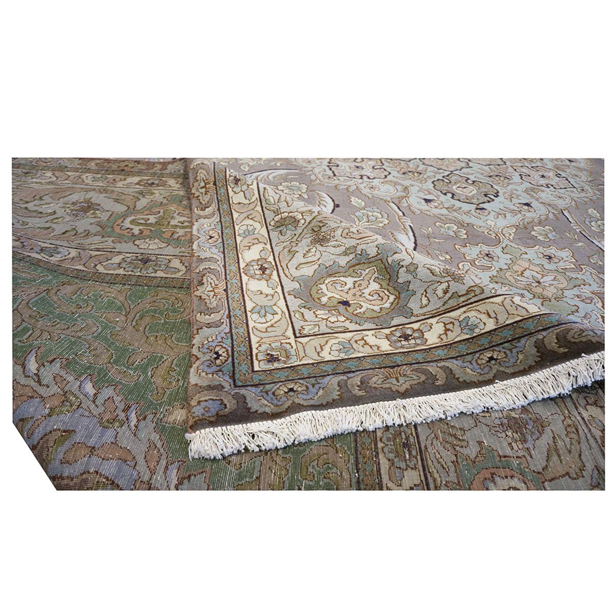 Tapis persan ancien Tabriz 9x12 vert, marron et taupe fait à la main en vente 3