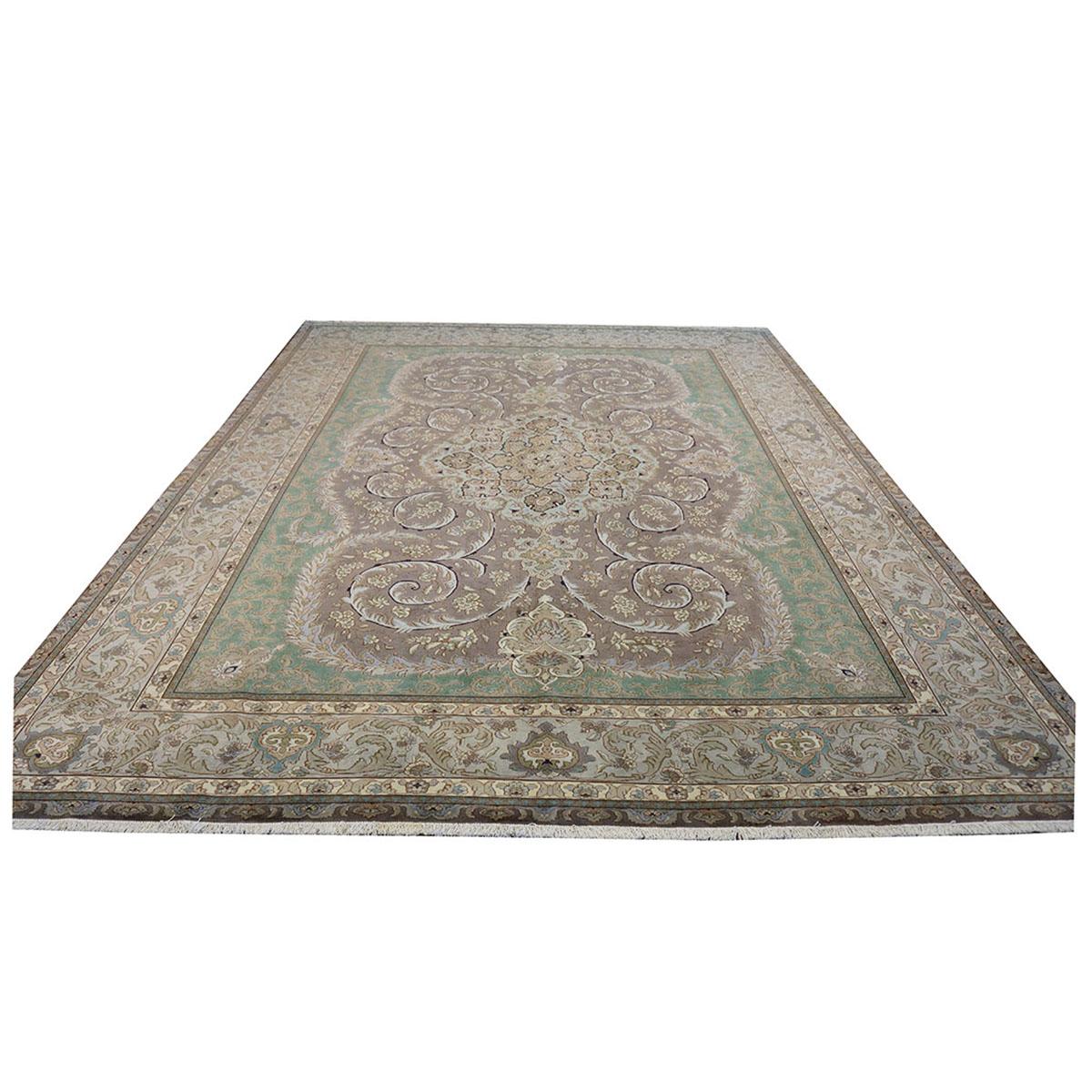 Hand-Woven Antique Persian Tabriz 9x12 Green, Brown, & Taupe Handmade Area Rug For Sale