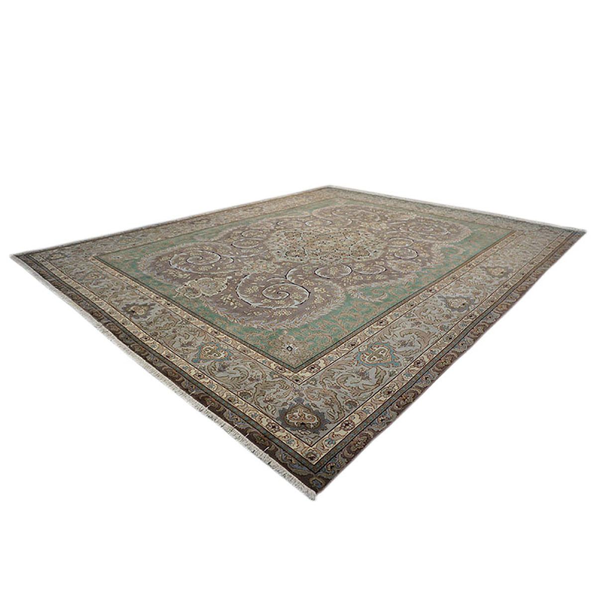 Antique Persian Tabriz 9x12 Green, Brown, & Taupe Handmade Area Rug In Good Condition For Sale In Houston, TX