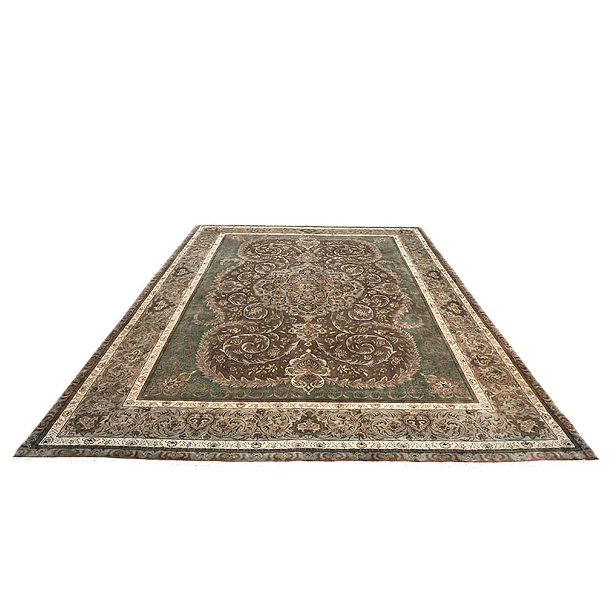 Mid-20th Century Antique Persian Tabriz 9x12 Green, Brown, & Taupe Handmade Area Rug For Sale