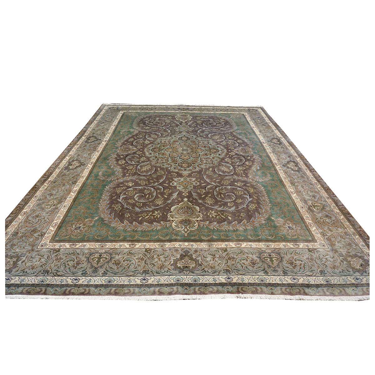Wool Antique Persian Tabriz 9x12 Green, Brown, & Taupe Handmade Area Rug For Sale