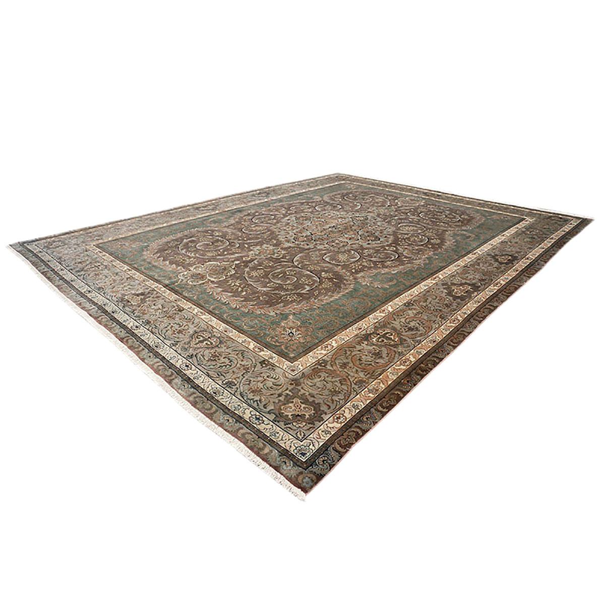 Antique Persian Tabriz 9x12 Green, Brown, & Taupe Handmade Area Rug For Sale 1